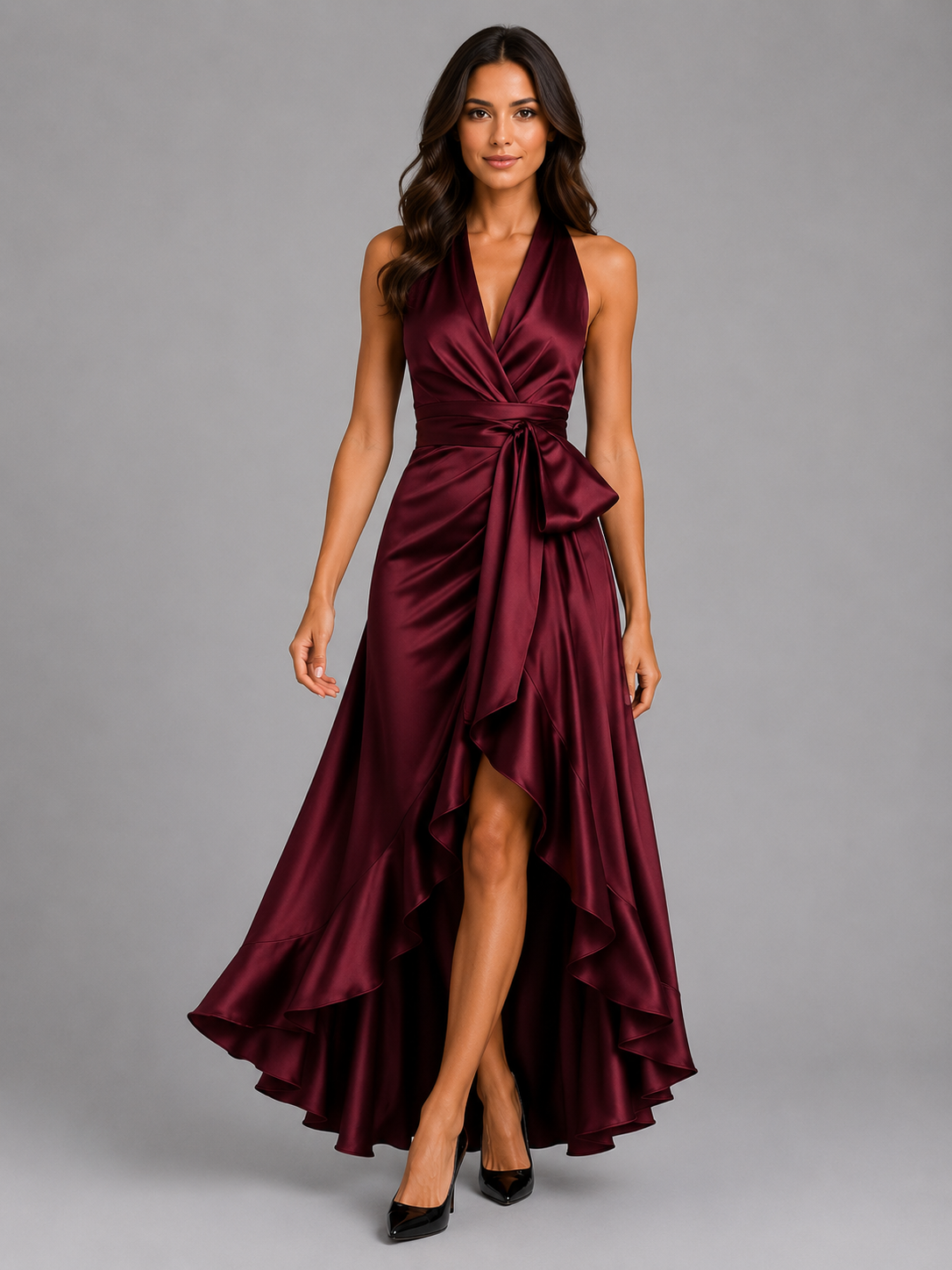 Women’s Ruffle Halter Evening Maxi Dress | with Tie Waist