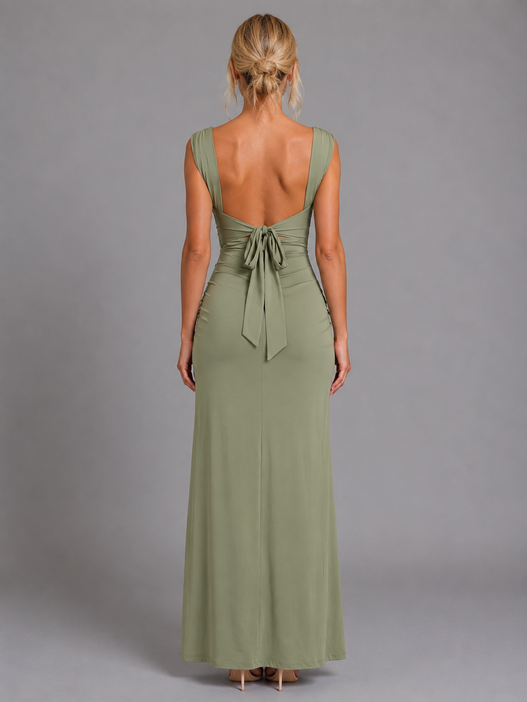 Women’s Green Square Neck Evening Maxi Dress | with High Slit