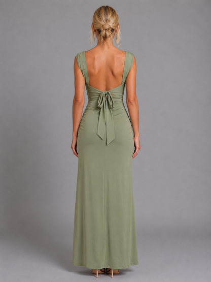 Women’s Green Square Neck Evening Maxi Dress | with High Slit