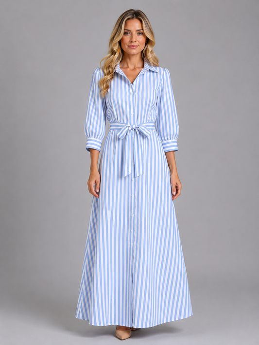 Women's Striped Maxi Shirt Dress | with Waist Tie Belt