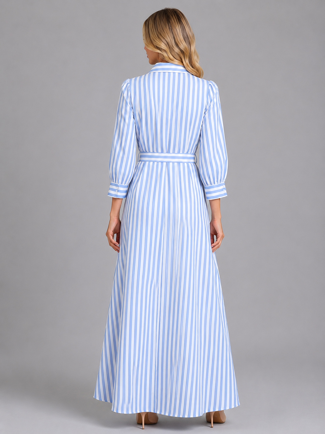 Women's Striped Maxi Shirt Dress | with Waist Tie Belt