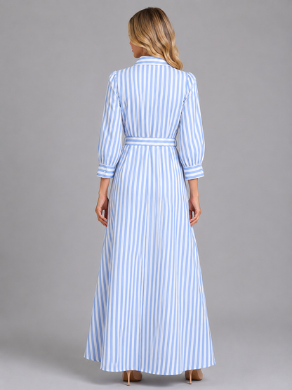 Women's Striped Maxi Shirt Dress | with Waist Tie Belt