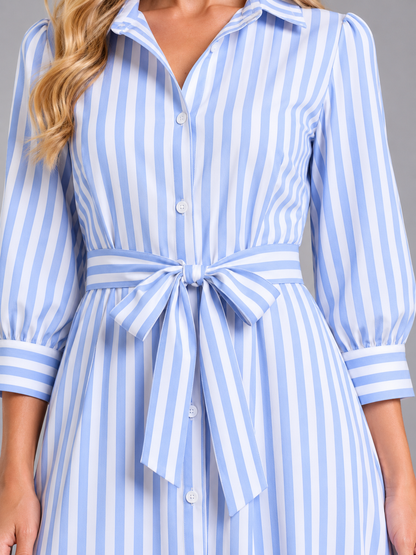 Women's Striped Maxi Shirt Dress | with Waist Tie Belt