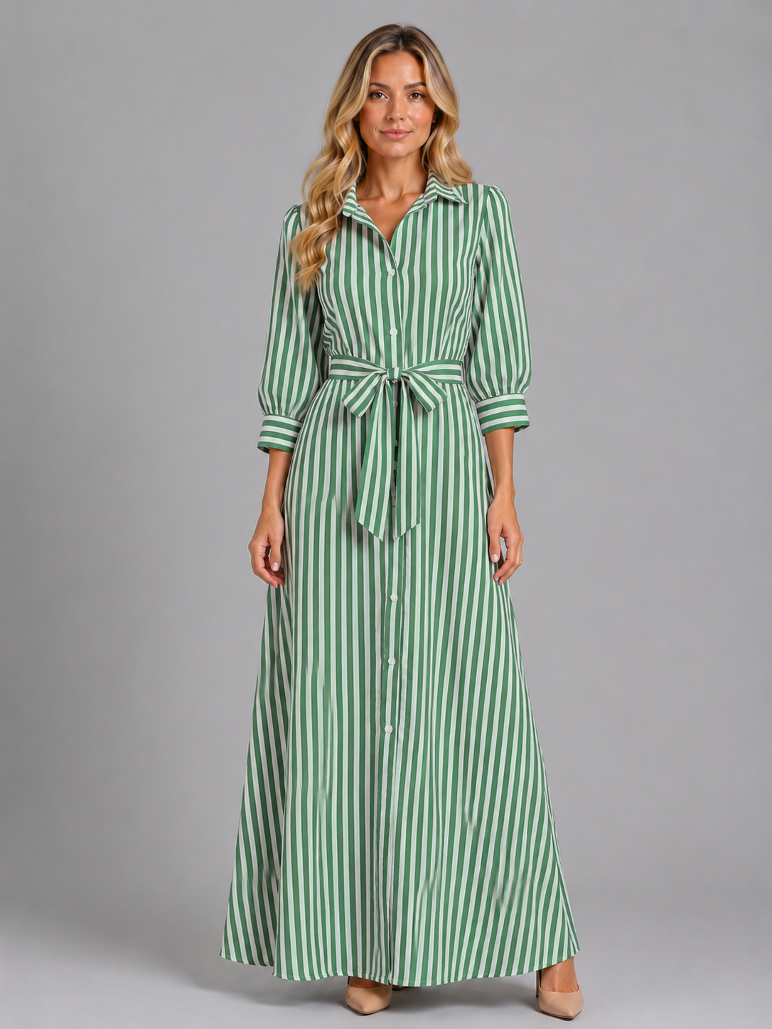 Women's Striped Maxi Shirt Dress | with Waist Tie Belt