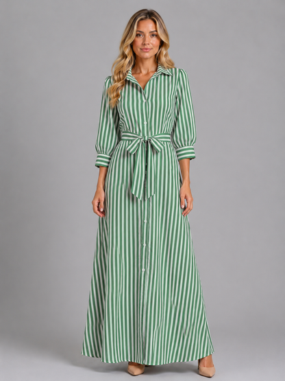 Women's Striped Maxi Shirt Dress | with Waist Tie Belt