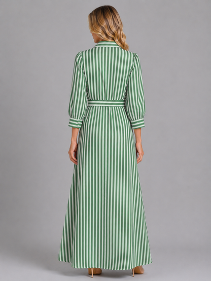 Women's Striped Maxi Shirt Dress | with Waist Tie Belt