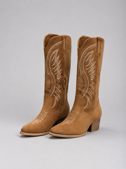 Women's Knee-High Pointed Toe Cowboy Boots | with Block Heel