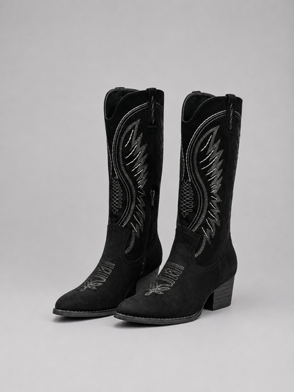 Women's Knee-High Pointed Toe Cowboy Boots | with Block Heel
