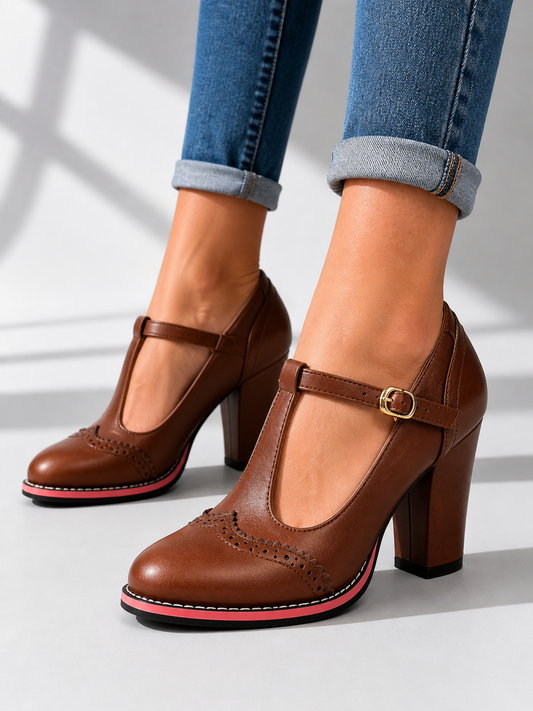 Women's T-Strap Mary Jane Block Heels | Wingtip
