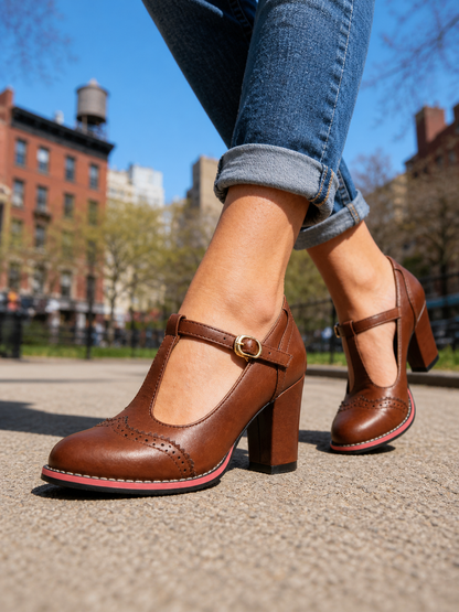 Women's T-Strap Mary Jane Block Heels | Wingtip