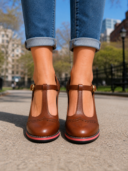 Women's T-Strap Mary Jane Block Heels | Wingtip
