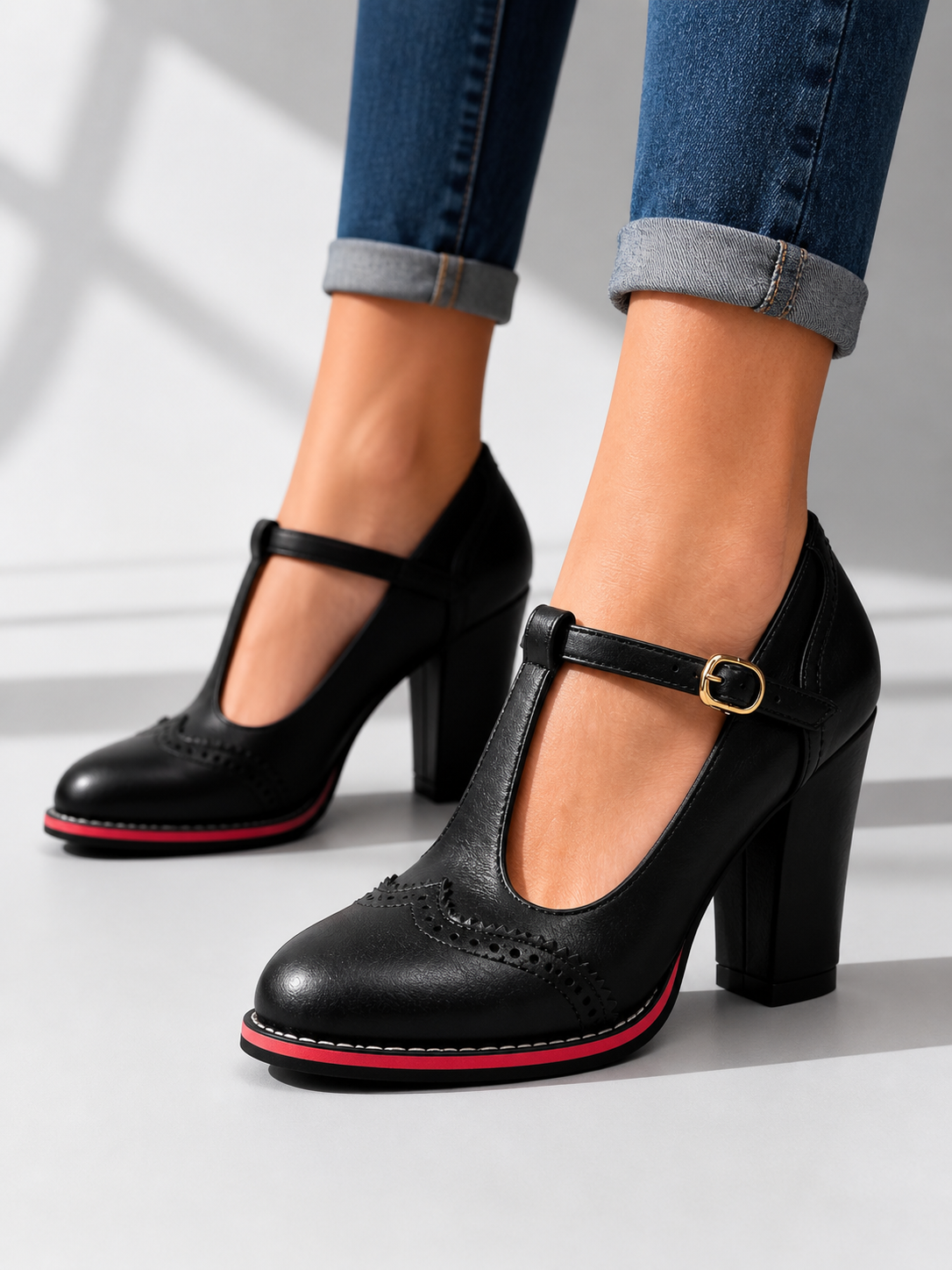 Women's T-Strap Mary Jane Block Heels | Wingtip