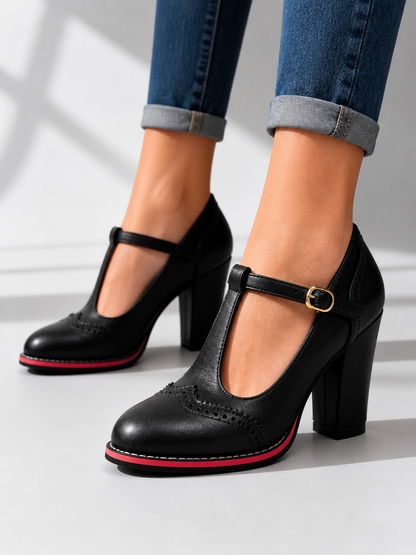 Women's T-Strap Mary Jane Block Heels | Wingtip