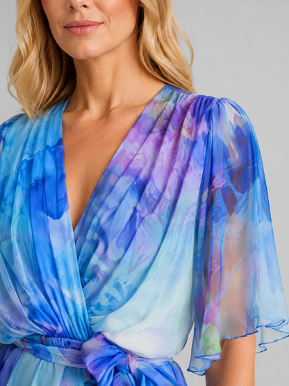 Women's Wrap Tiered Maxi Dress | with Flutter Sleeves and Tie Waist