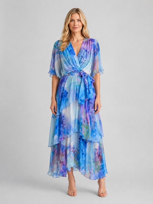 Women's Wrap Tiered Maxi Dress | with Flutter Sleeves and Tie Waist