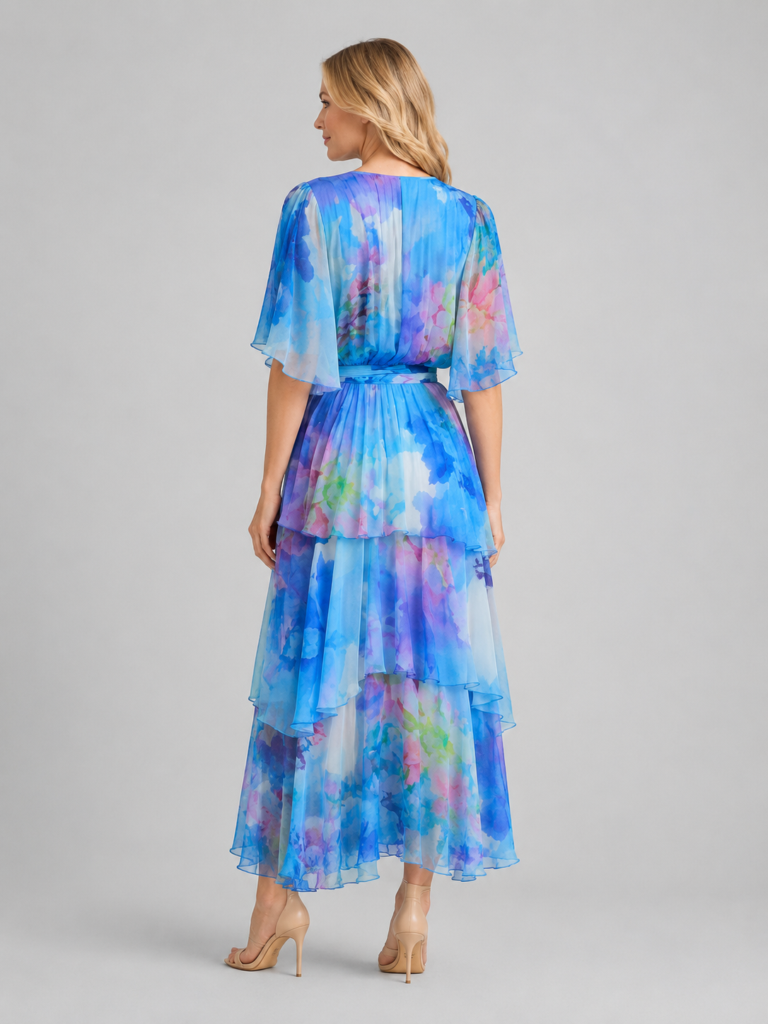 Women's Wrap Tiered Maxi Dress | with Flutter Sleeves and Tie Waist