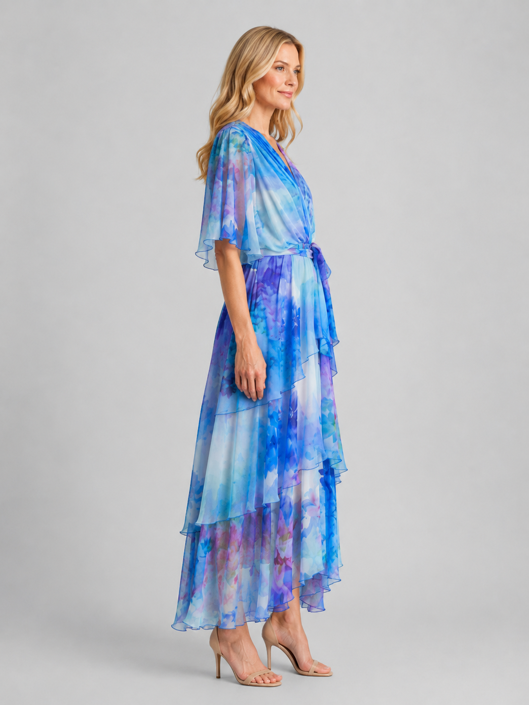 Women's Wrap Tiered Maxi Dress | with Flutter Sleeves and Tie Waist