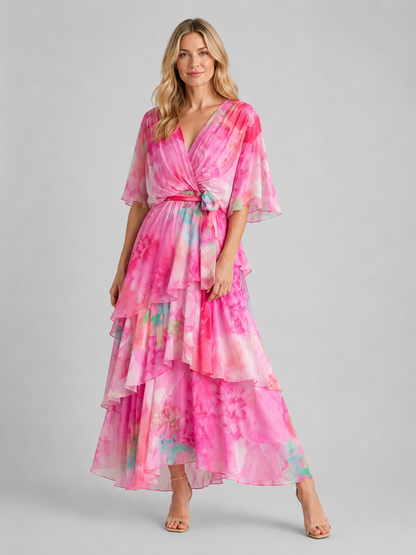 Women's Wrap Tiered Maxi Dress | with Flutter Sleeves and Tie Waist