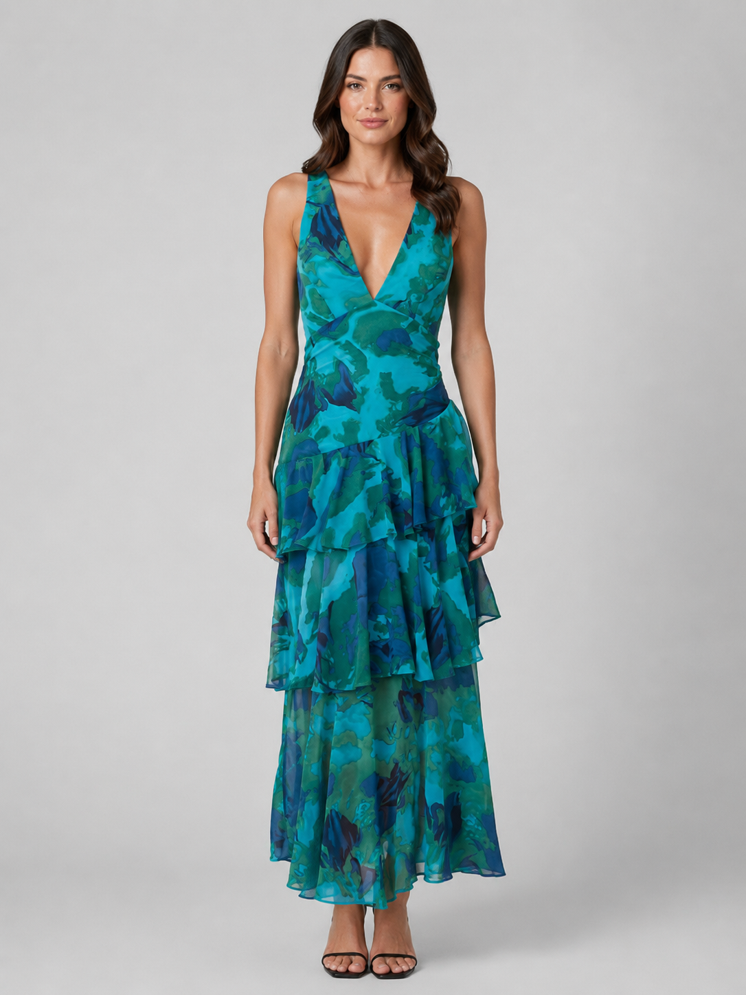 Women's Floral Deep V-Neck Tiered Maxi Dress | Sleeveless