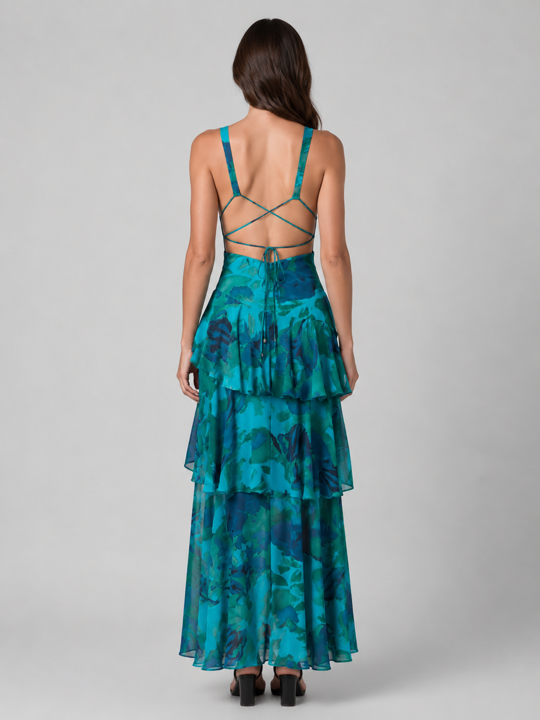 Women's Floral Deep V-Neck Tiered Maxi Dress | Sleeveless