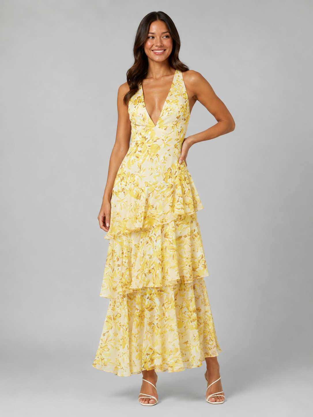 Women's Floral Deep V-Neck Tiered Maxi Dress | Sleeveless