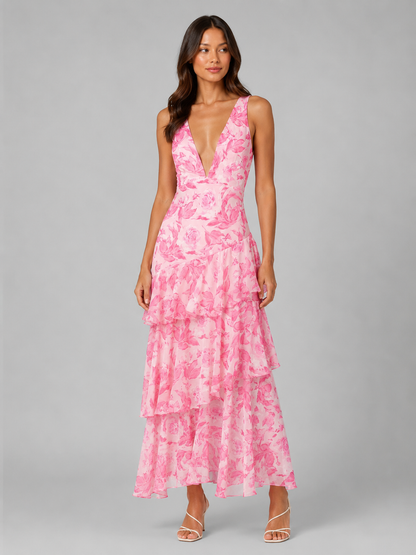 Women's Floral Deep V-Neck Tiered Maxi Dress | Sleeveless