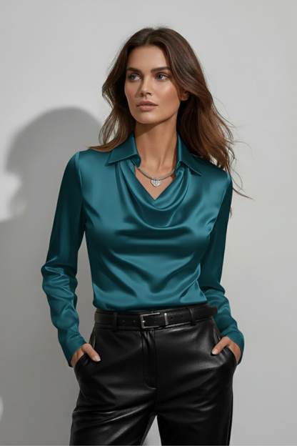 Women's Cowl Neck Turndown Collar Blouse | Long Sleeve