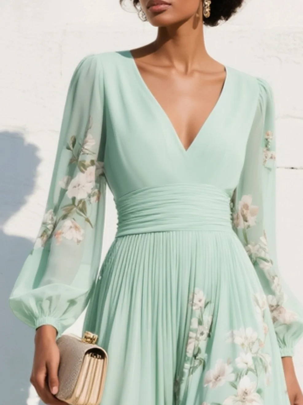 Women's Pleated Floral Wedding Guest Dress | V-Neck