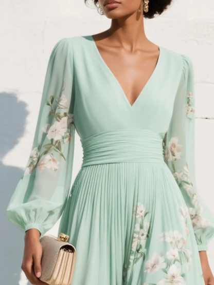 Women's Pleated Floral Wedding Guest Dress | V-Neck