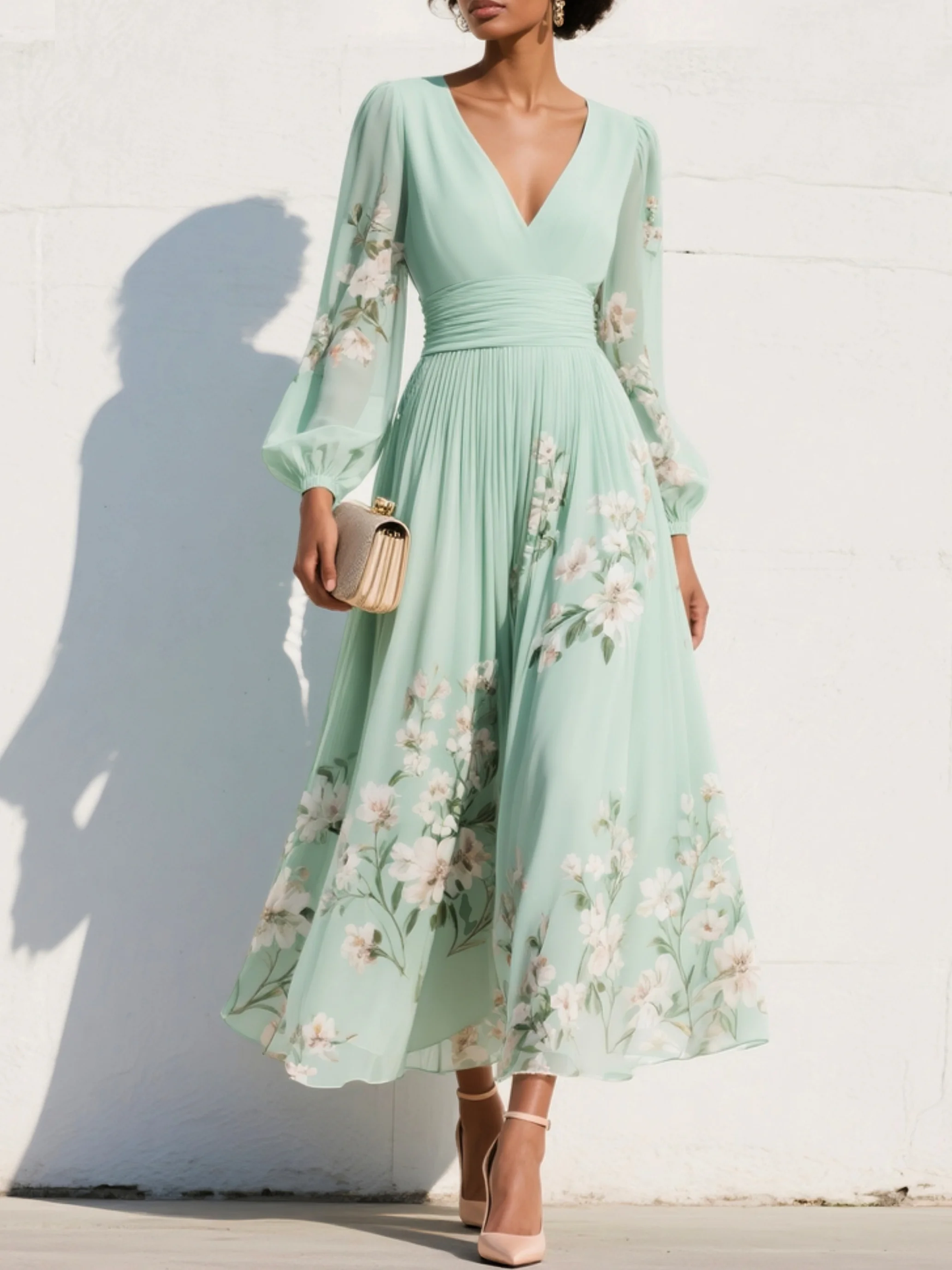 Women's Pleated Floral Wedding Guest Dress | V-Neck
