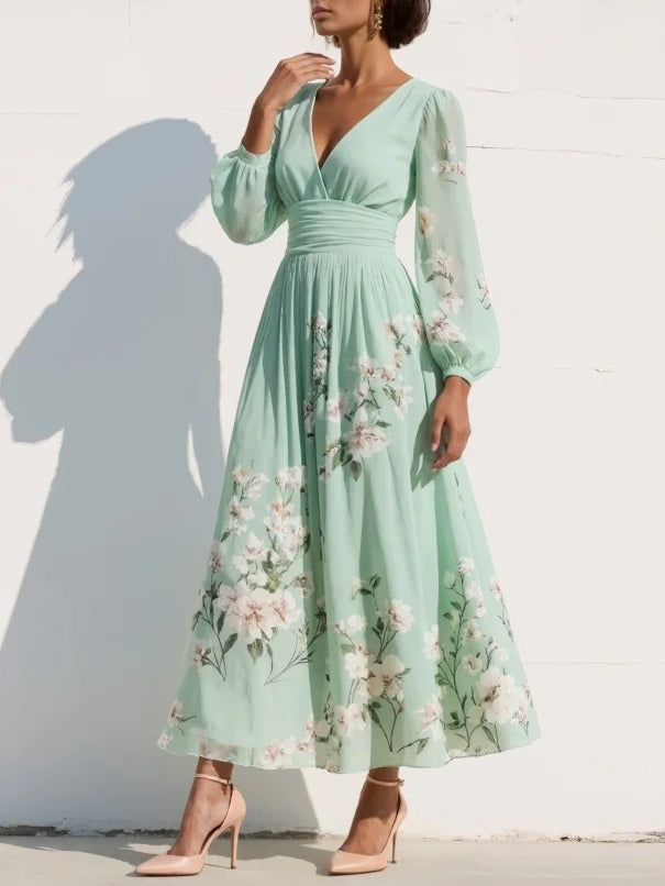 Women's Pleated Floral Wedding Guest Dress | V-Neck