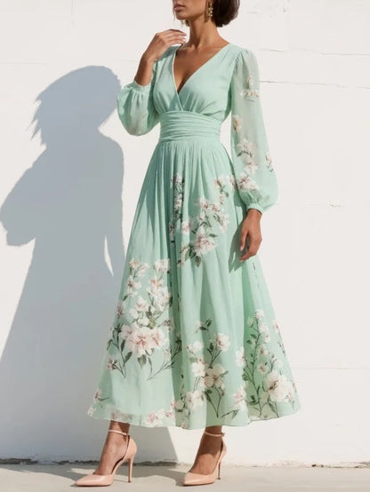 Women's Pleated Floral Wedding Guest Dress | V-Neck