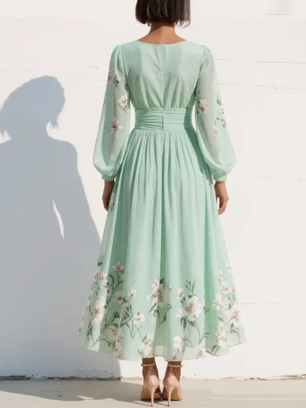 Women's Pleated Floral Wedding Guest Dress | V-Neck