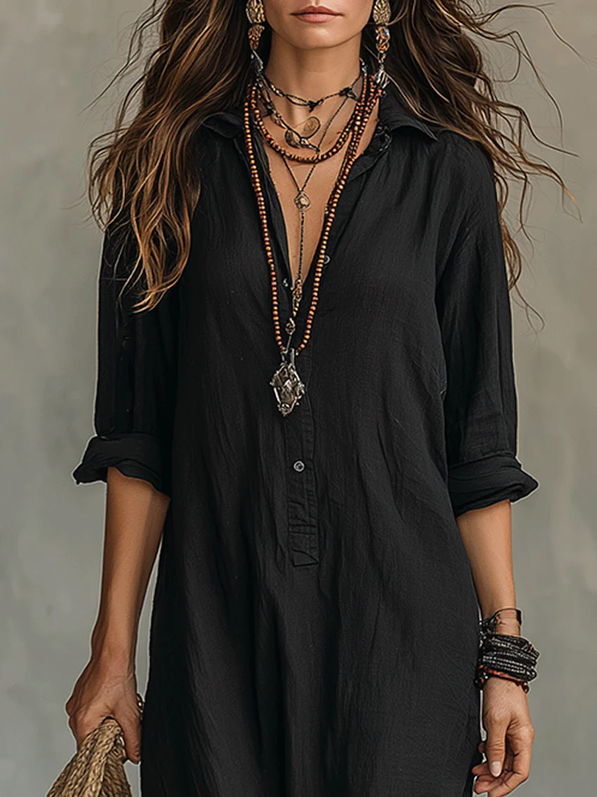 Women's Bohemian Maxi Shirt Dress | V-Neck