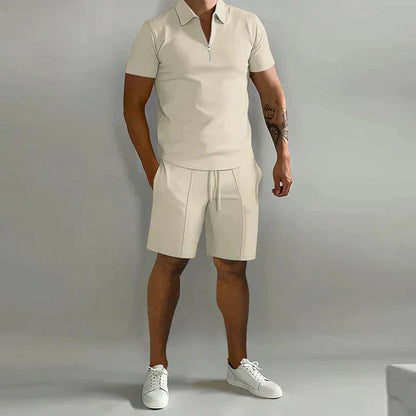 Men's Casual Co-ord Set | Quarter-Zip Polo and Drawstring Shorts