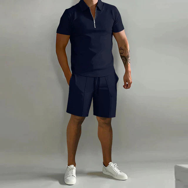 Men's Casual Co-ord Set | Quarter-Zip Polo and Drawstring Shorts