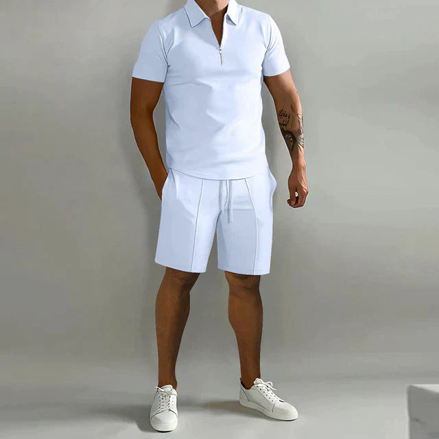 Men's Casual Co-ord Set | Quarter-Zip Polo and Drawstring Shorts