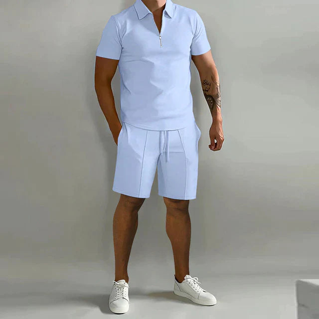 Men's Casual Co-ord Set | Quarter-Zip Polo and Drawstring Shorts