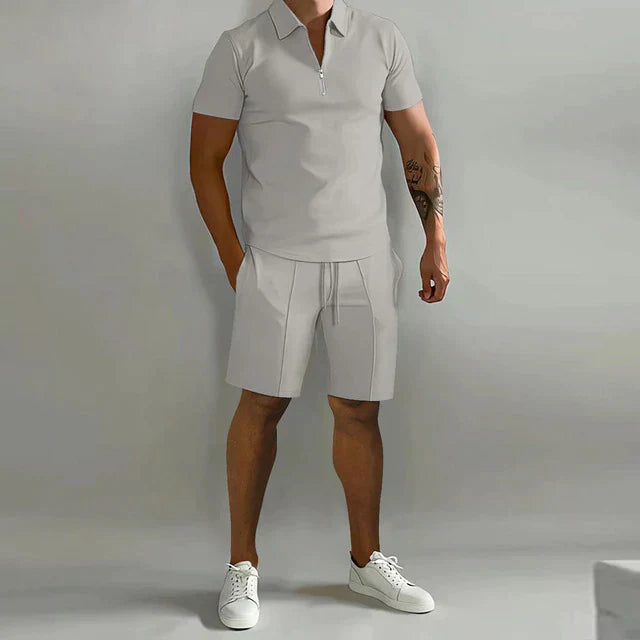 Men's Casual Co-ord Set | Quarter-Zip Polo and Drawstring Shorts