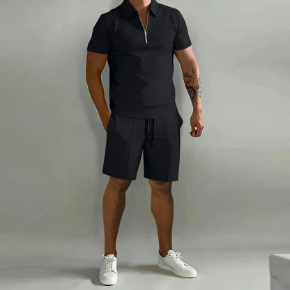 Men's Casual Co-ord Set | Quarter-Zip Polo and Drawstring Shorts