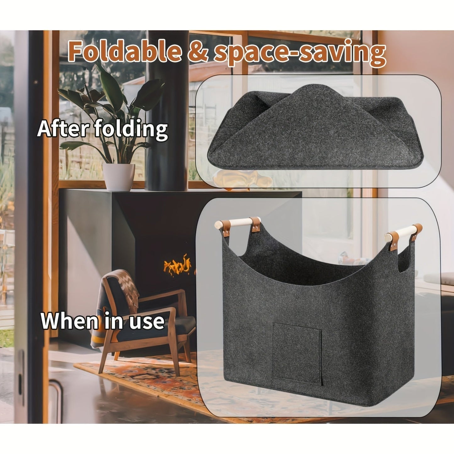 Felt Firewood Basket | Foldable | 55L Capacity | Wooden Handles & Leather Accents | Dark Gray