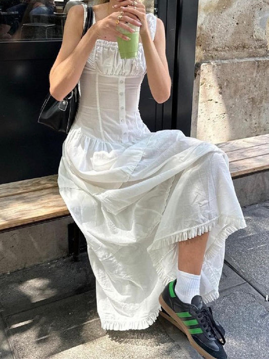 Witte Franse geplooide gelaagde slanke midi-jurk met veters