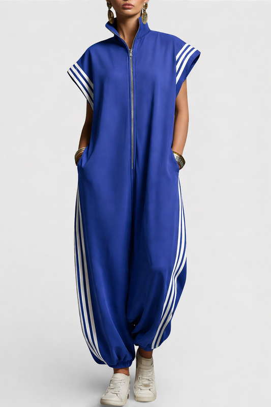Women's Loose Casual Zip-Front Sporty Jumpsuit | with Contrast Side Stripes