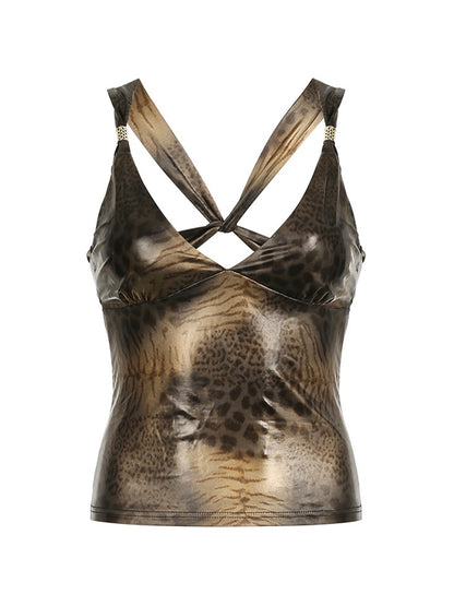 Vintage Backless Cami Top with Leopard Print