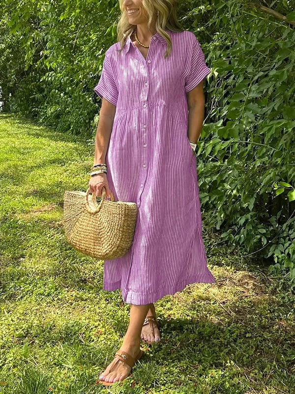 Women’s Striped Summer Midi Shirt Dress | with Pockets