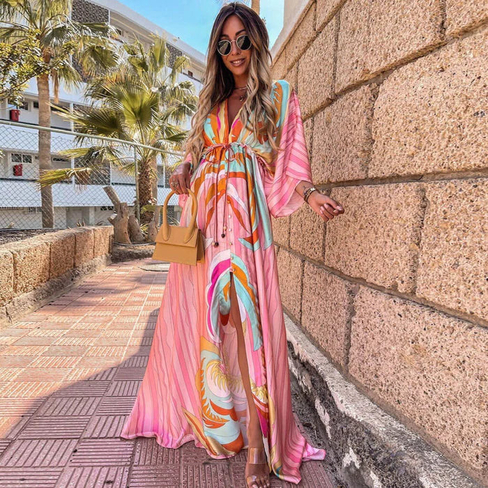 Women's Boho Style V-Neck Maxi Dress | with Front Slit