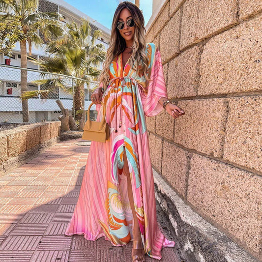 Women's Boho Style V-Neck Maxi Dress | with Front Slit