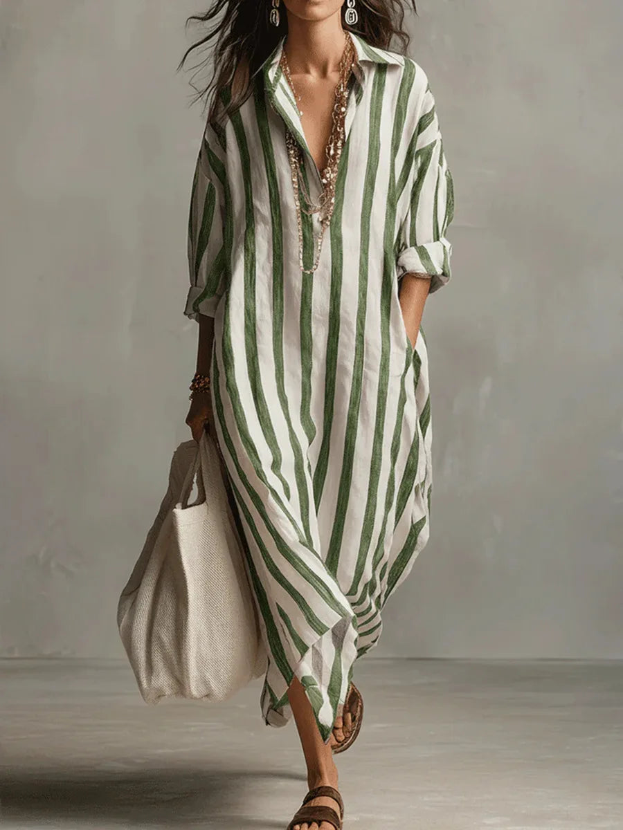 Women's Striped Maxi Shirt Dress | Long Sleeve