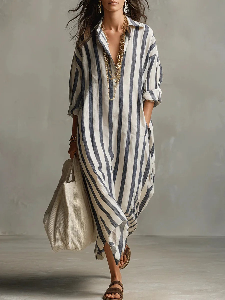 Women's Striped Maxi Shirt Dress | Long Sleeve