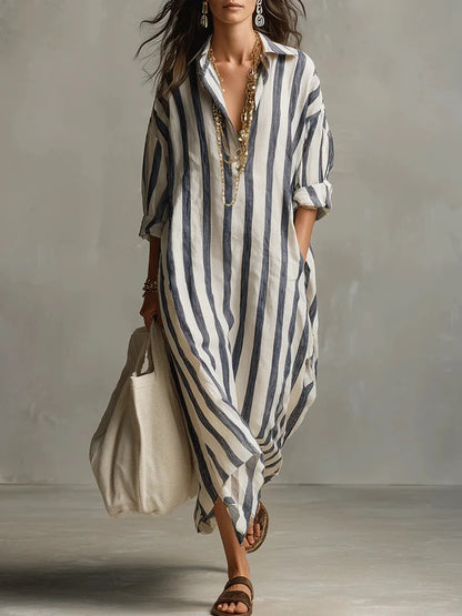 Women's Striped Maxi Shirt Dress | Long Sleeve